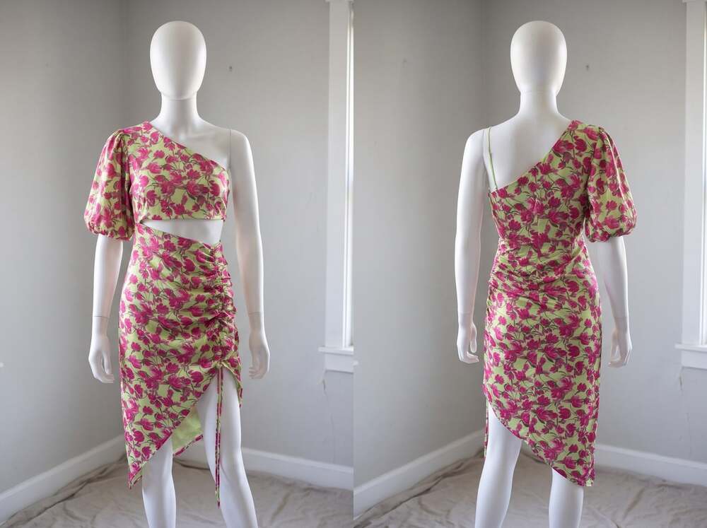 Dee Elly Womens Floral One-Shoulder Dress Size M Asymmetrical Ruched